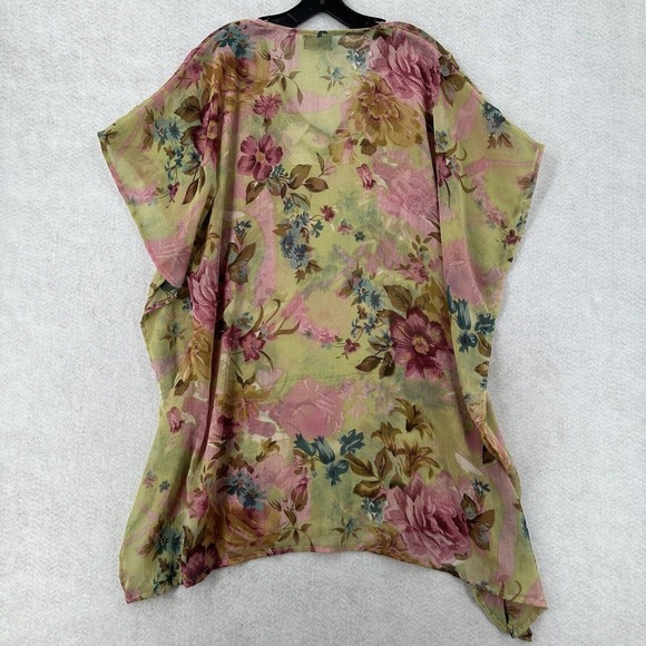 Azura Kimono Blouse Womens One Size Green Pink Floral Pullover Chiffon Cover Up - Picture 2 of 9